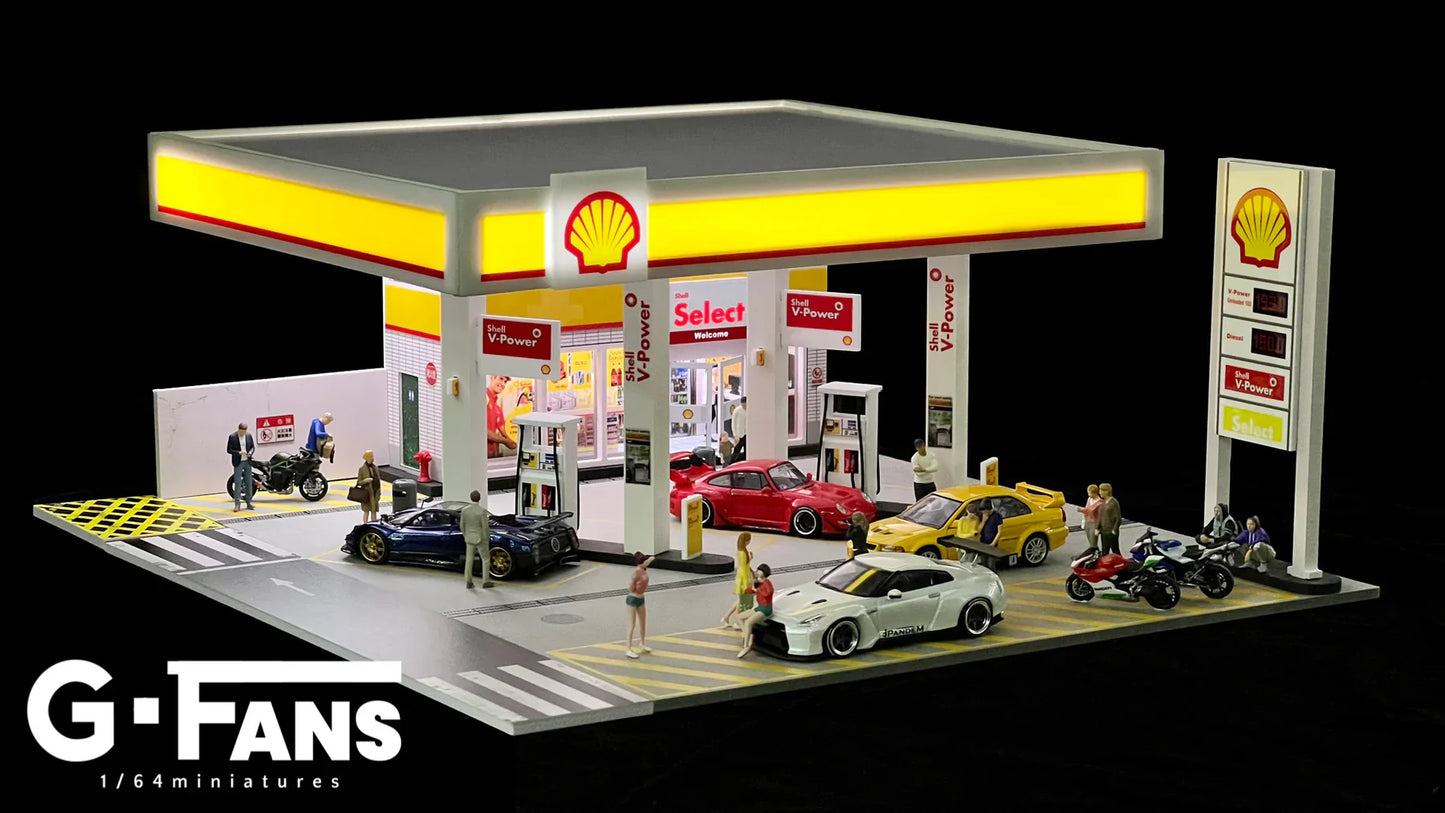 1:64 Shell Gas Station Diorama | LED Lit Display for Hot Wheels & Diecast Cars