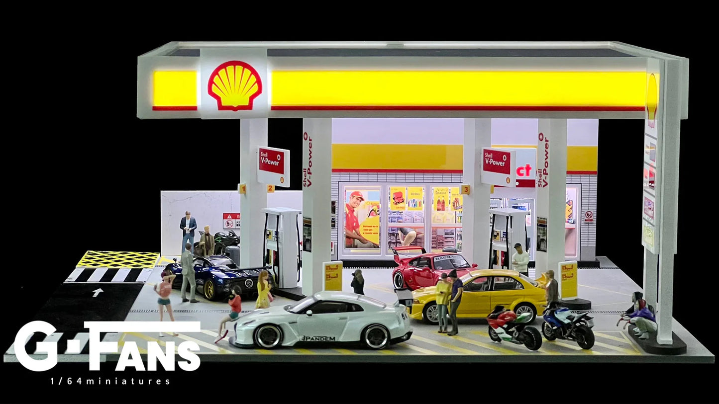 1:64 Shell Gas Station Diorama | LED Lit Display for Hot Wheels & Diecast Cars