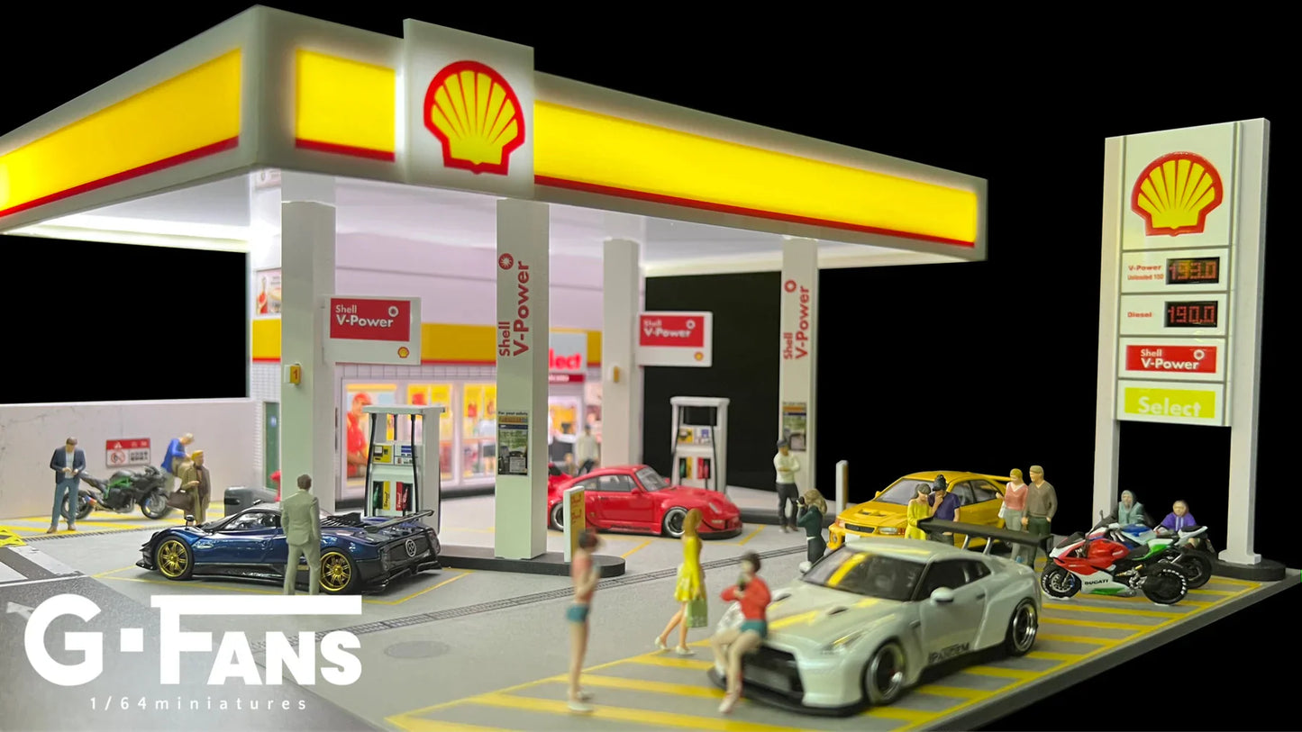 1:64 Shell Gas Station Diorama | LED Lit Display for Hot Wheels & Diecast Cars