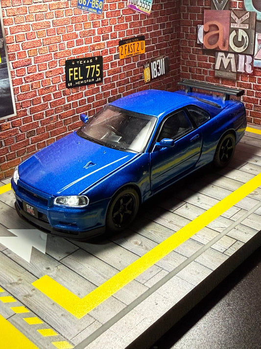 1/32 Diecast Diorama Nissan Skyline GTR R34 Licensed - JDM Racing Toy Car Model Simulation Miniature Vehicle Kids Adults Gifts Birthday Hobby Collectors Christmas